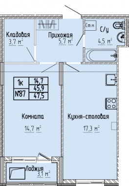 1К-квартира, 47,5 м2, 7&nbsp;этаж