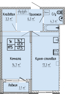 1К-квартира, 47,5 м2, 4&nbsp;этаж