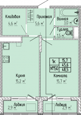 1К-квартира, 48,5 м2, 8&nbsp;этаж