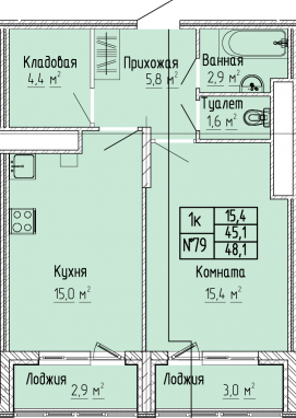 1К-квартира, 48,1 м2, 4&nbsp;этаж