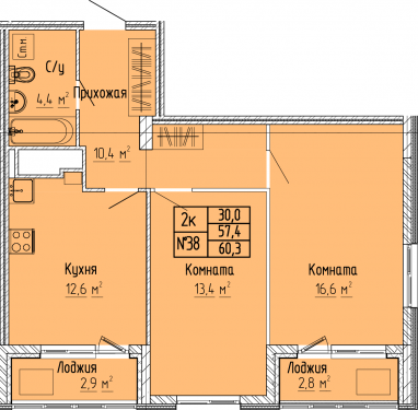 2К-квартира, 60,3 м2, 7&nbsp;этаж