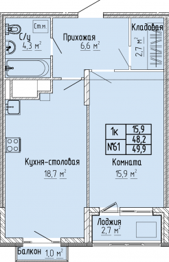 1К-квартира, 49,9 м2, 10&nbsp;этаж