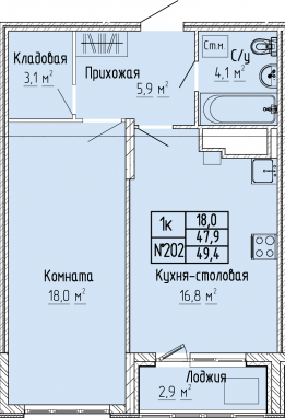 1К-квартира, 49,4 м2, 7&nbsp;этаж