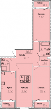 3К-квартира, 93,2 м2, 3&nbsp;этаж
