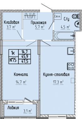 1К-квартира, 47,5 м2, 5&nbsp;этаж