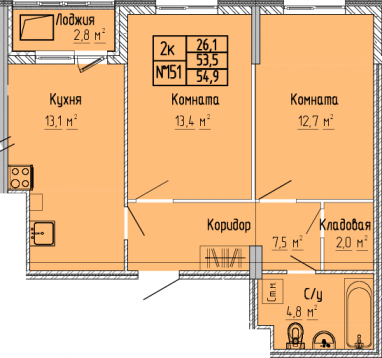 2К-квартира, 54,9 м2, 9&nbsp;этаж