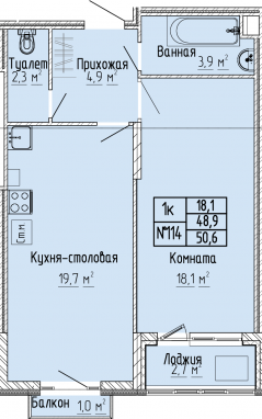 1К-квартира, 50,6 м2, 10&nbsp;этаж