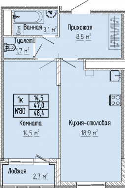 1К-квартира, 48,4 м2, 4&nbsp;этаж