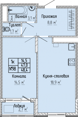 1К-квартира, 48,4 м2, 7&nbsp;этаж
