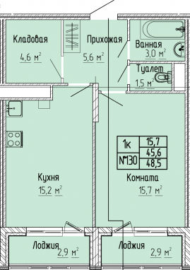 1К-квартира, 48,5 м2, 4&nbsp;этаж