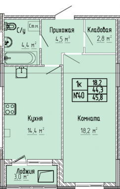 1К-квартира, 45,8 м2, 8&nbsp;этаж