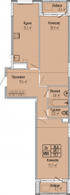 2К-квартира, 71,7 м2, 6&nbsp;этаж