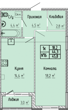 1К-квартира, 45,8 м2, 4&nbsp;этаж