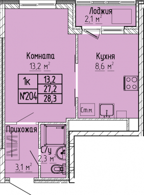 СтудияК-квартира, 28,3 м2, 7&nbsp;этаж