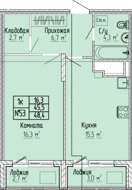 1К-квартира, 48,4 м2, 9&nbsp;этаж