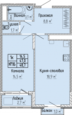 1К-квартира, 48,7 м2, 10&nbsp;этаж