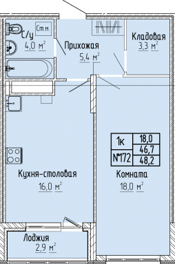 1К-квартира, 48,2 м2, 3&nbsp;этаж
