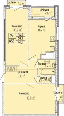 2К-квартира, 60,0 м2, 10&nbsp;этаж