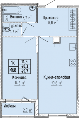 1К-квартира, 49,7 м2, 2&nbsp;этаж