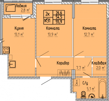 2К-квартира, 55,9 м2, 7&nbsp;этаж
