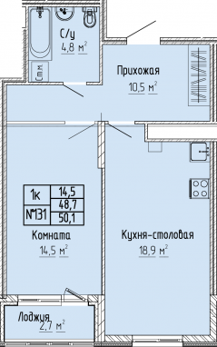 1К-квартира, 50,1 м2, 4&nbsp;этаж