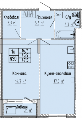 1К-квартира, 47,5 м2, 8&nbsp;этаж