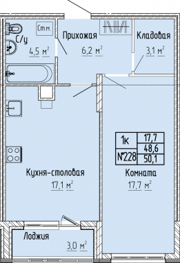 1К-квартира, 50,1 м2, 2&nbsp;этаж
