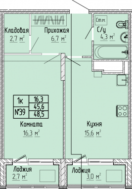 1К-квартира, 48,5 м2, 7&nbsp;этаж