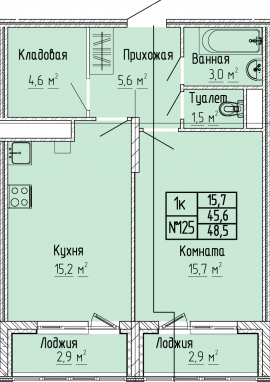 1К-квартира, 48,5 м2, 3&nbsp;этаж