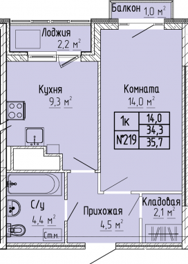 1К-квартира, 35,7 м2, 10&nbsp;этаж