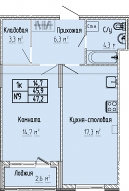 1К-квартира, 47,2 м2, 3&nbsp;этаж