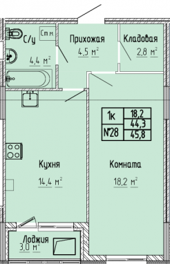 1К-квартира, 45,8 м2, 6&nbsp;этаж