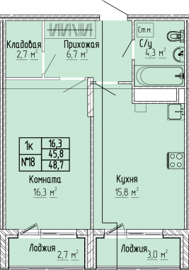 1К-квартира, 48,7 м2, 4&nbsp;этаж