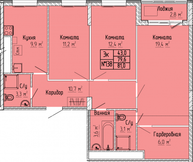 3К-квартира, 81,0 м2, 6&nbsp;этаж
