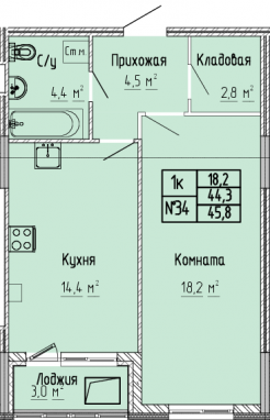 1К-квартира, 45,8 м2, 7&nbsp;этаж
