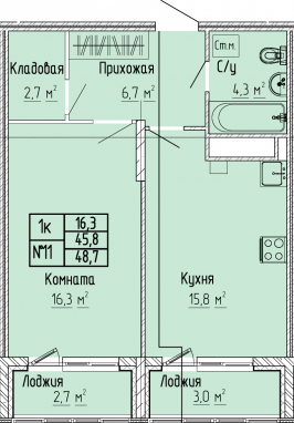 1К-квартира, 48,7 м2, 3&nbsp;этаж