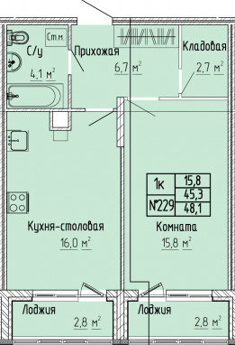 1К-квартира, 48,1 м2, 2&nbsp;этаж