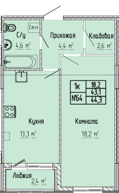 1К-квартира, 44,3 м2, 3&nbsp;этаж