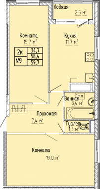 2К-квартира, 59,8 м2, 3&nbsp;этаж