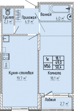 1К-квартира, 50,4 м2, 2&nbsp;этаж