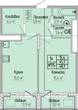 1К-квартира, 48,1 м2, 10&nbsp;этаж