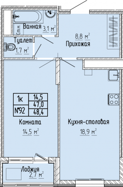 1К-квартира, 48,4 м2, 6&nbsp;этаж